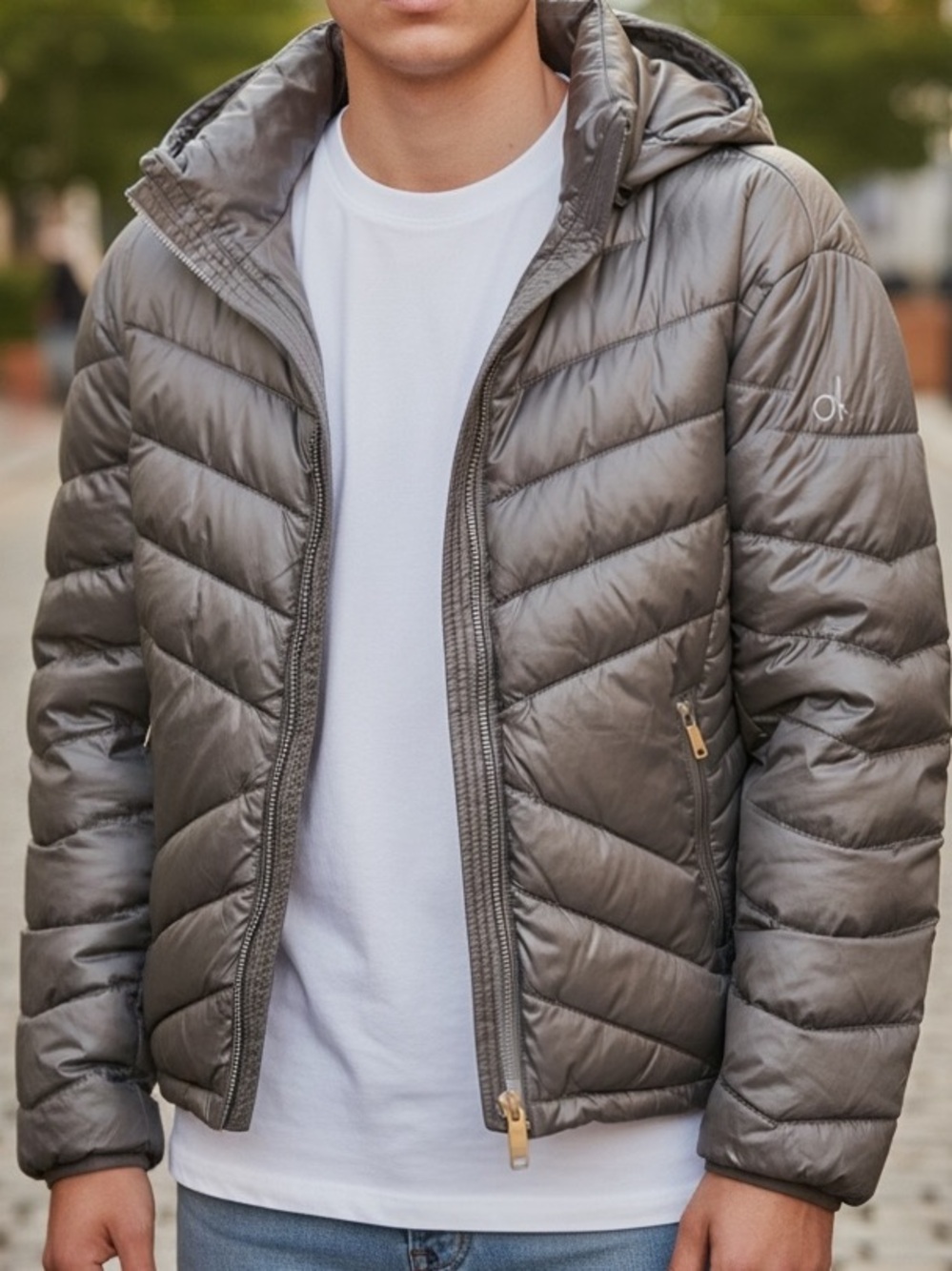 Calvin Klein Men's Packable Down Puffer Jacket Hooded grey Gorpcore 2XL